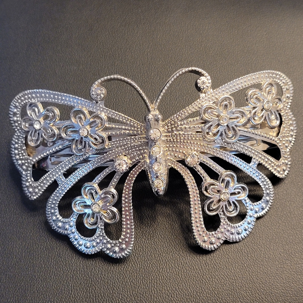 Butterfly Vintage Silver-tone Metal & Sparkling Crystals Hair Styling Barrette